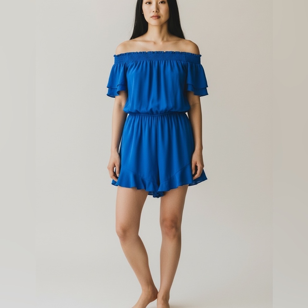Altar’d State Blue Off Shoulder Ruffle Romper Medium Boho Flowy